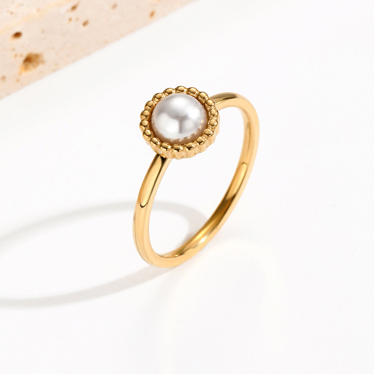 Elegant round Stainless Steel Inlay Artificial Pearls 14K Gold Plated Rings