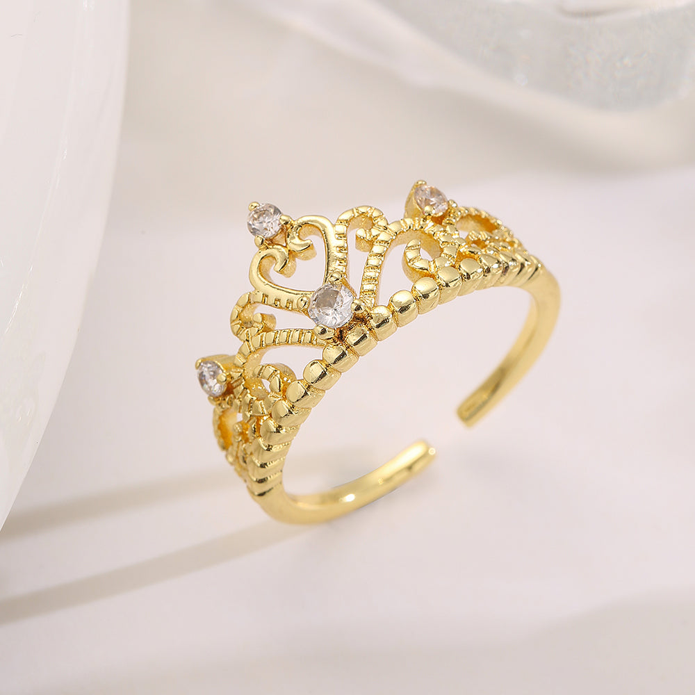 Classic Style Commute Crown Copper 18K Gold Plated Zircon Open Ring in Bulk