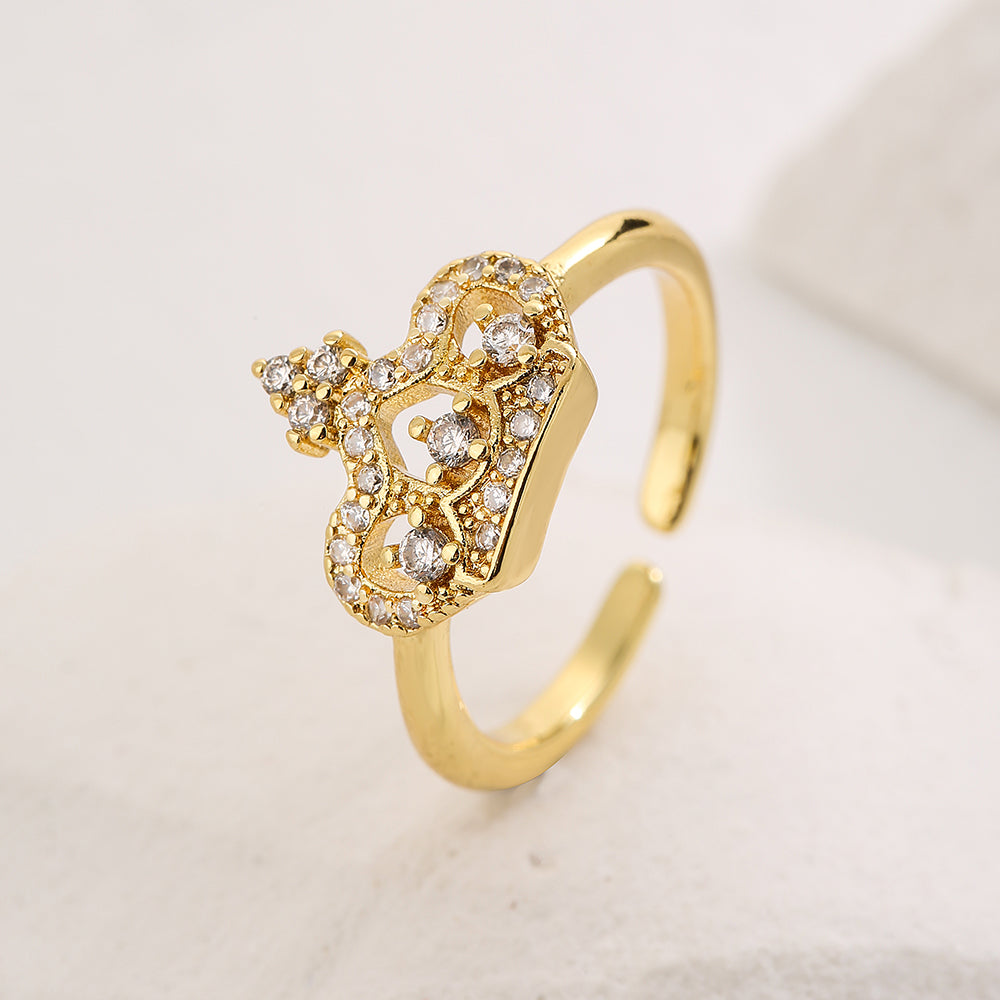 Classic Style Commute Crown Copper 18K Gold Plated Zircon Open Ring in Bulk