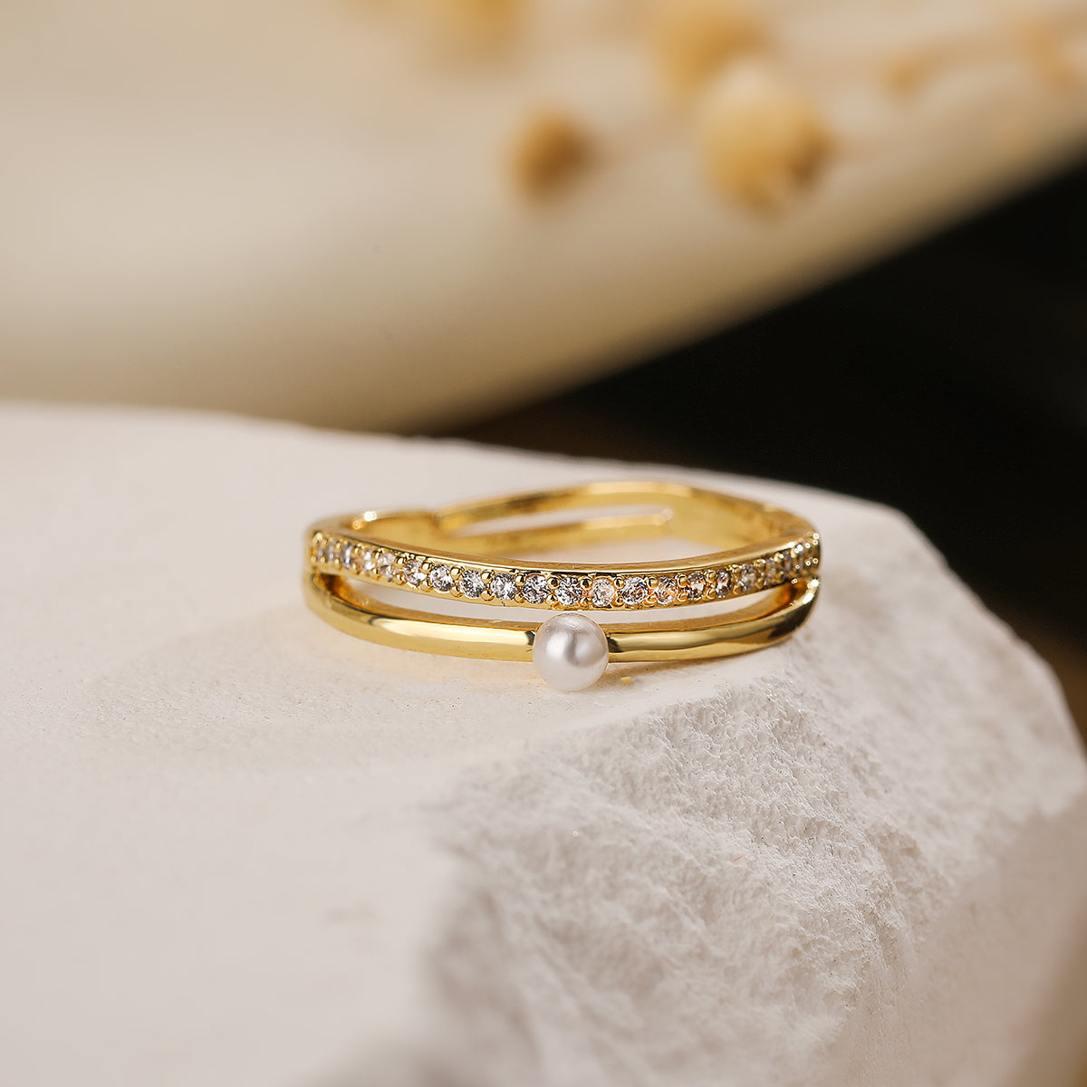 Simple Style round Copper 18K Gold Plated Artificial Pearls Zircon Open Rings in Bulk