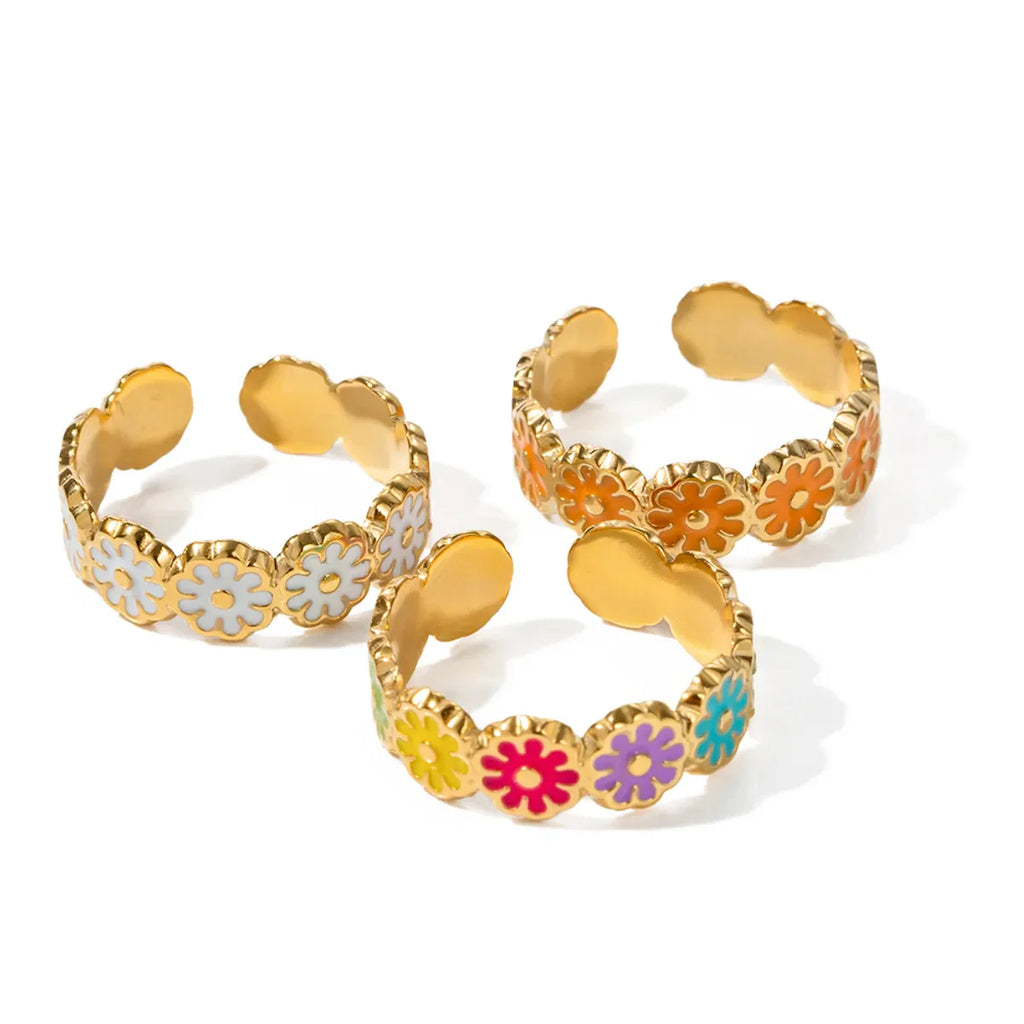Vacation Flower Stainless Steel Enamel Rings