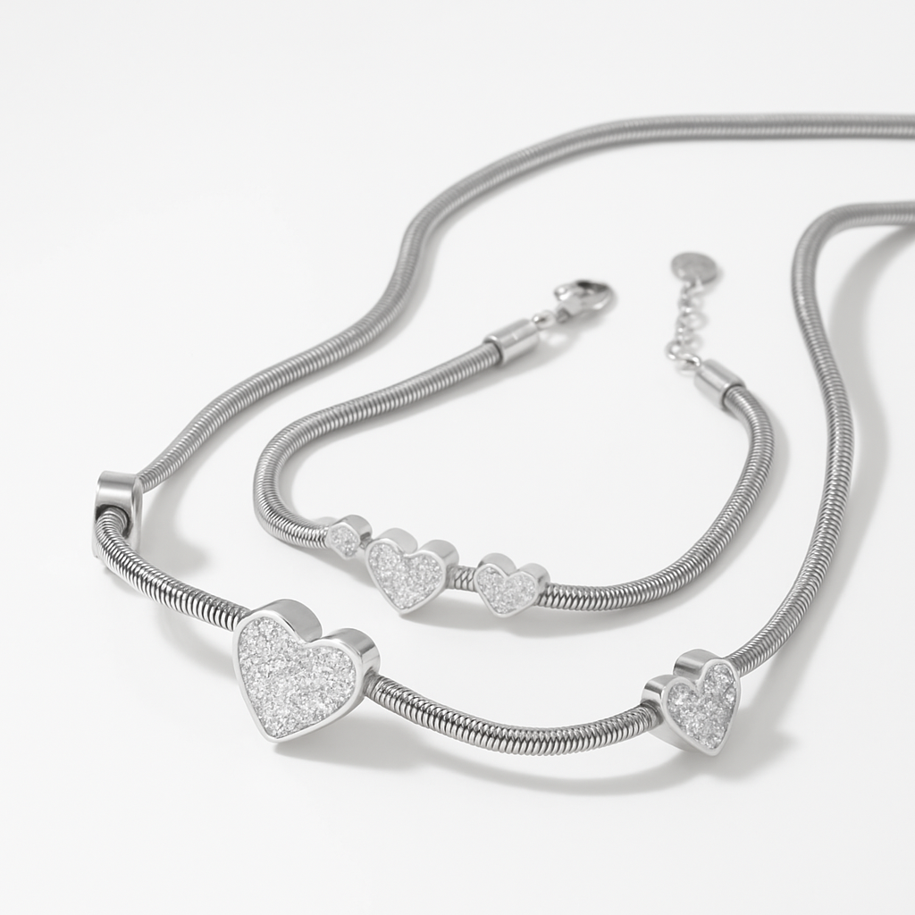 Love Heart Bracelet & Necklace Jewellery Set