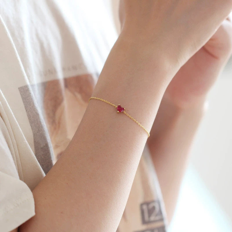 S925 Sterling Silver Heartshaped Red Corundum Bracelet 