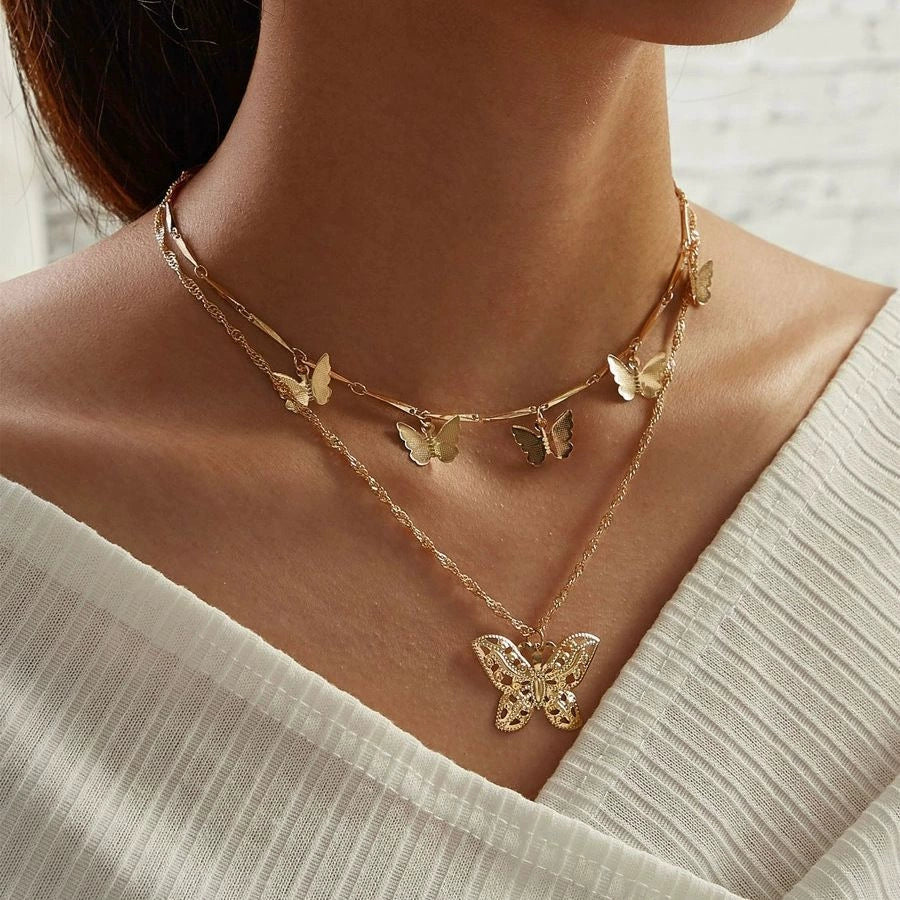 Bohemian Alloy Butterfly Double Layer Necklace 