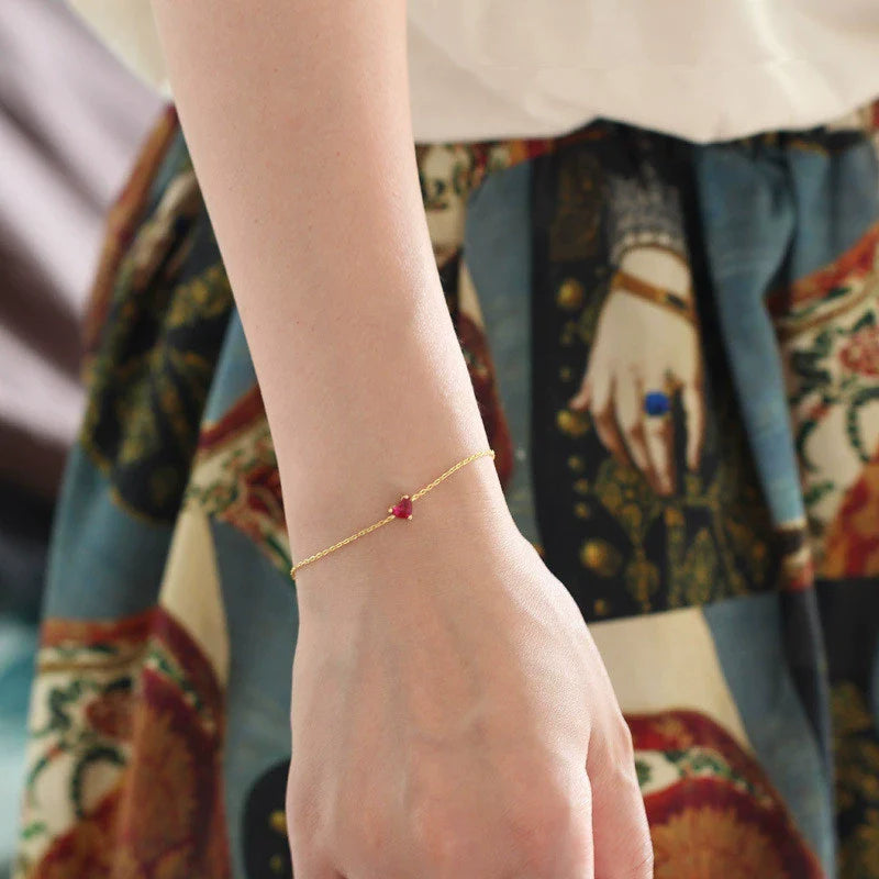 S925 Sterling Silver Heartshaped Red Corundum Bracelet 