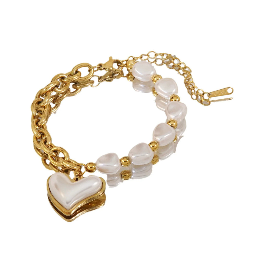 Elegant Heart-Shaped Irregular Pearl Bracelet for Women in Stainless Steel with 18K Gold Vacuum Electroplating - Waterproof and Colorfast