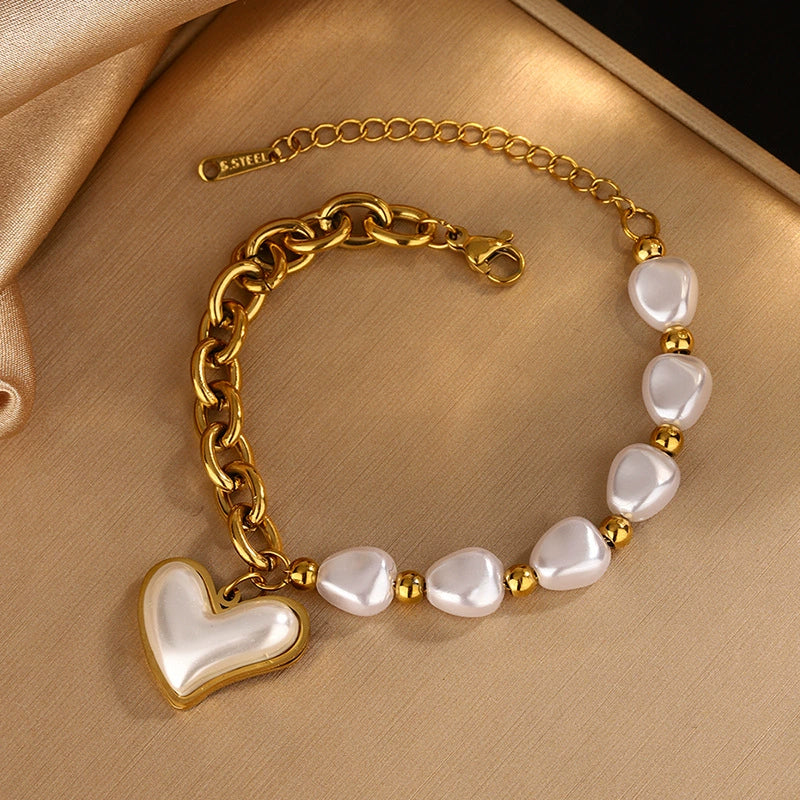 Elegant Heart-Shaped Irregular Pearl Bracelet for Women in Stainless Steel with 18K Gold Vacuum Electroplating - Waterproof and Colorfast