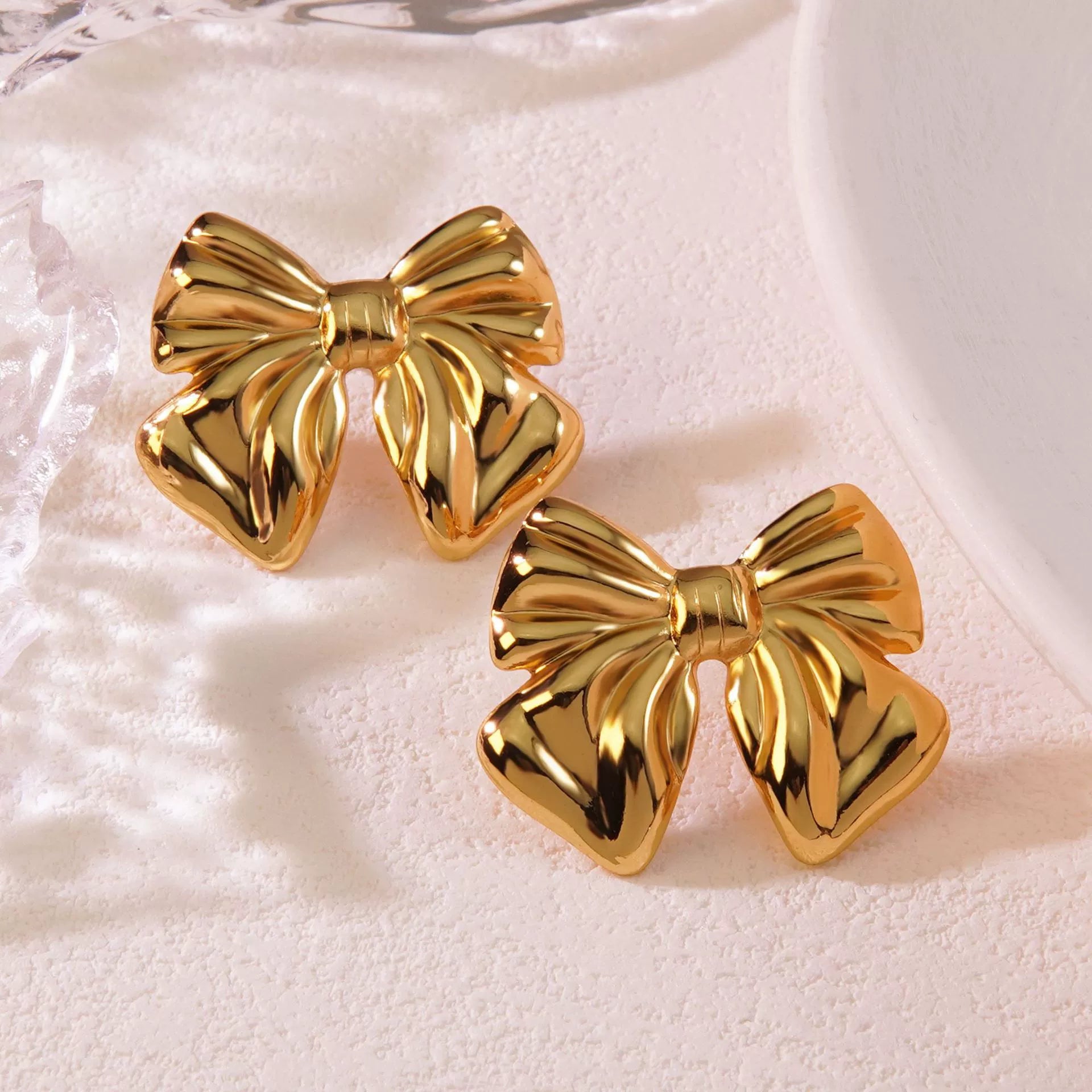 Exaggerated Fashionable Goldplated Stainless Steel Bow Earrings with Polish Finish for Women