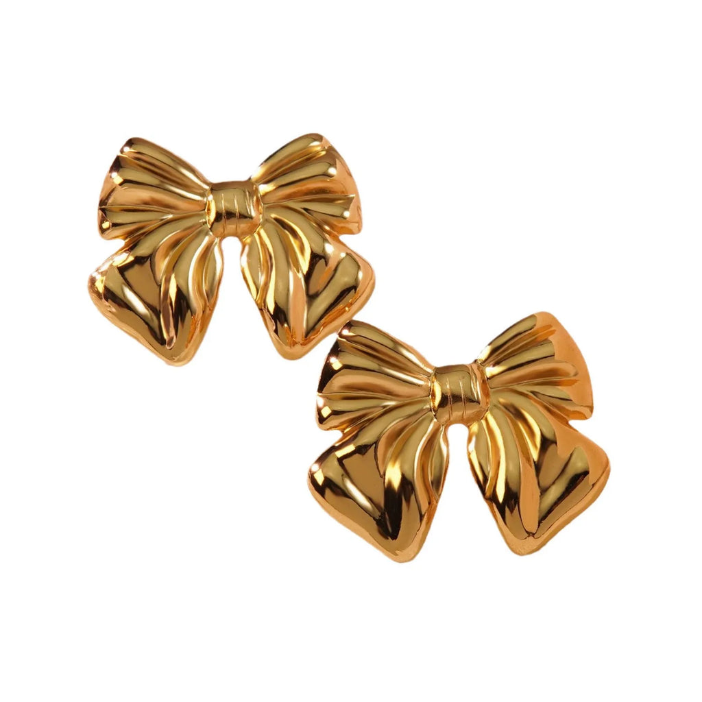 Exaggerated Fashionable Goldplated Stainless Steel Bow Earrings with Polish Finish for Women