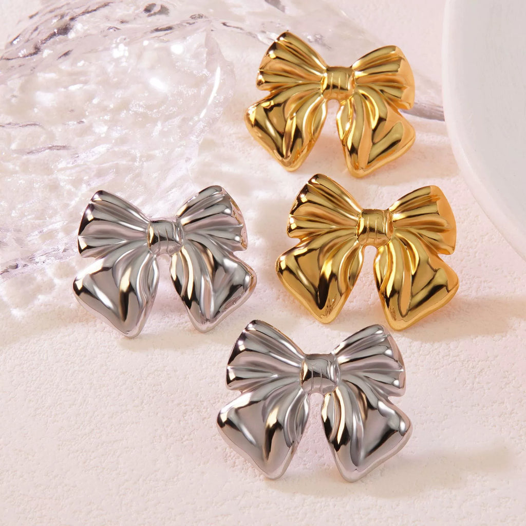 Exaggerated Fashionable Goldplated Stainless Steel Bow Earrings with Polish Finish for Women