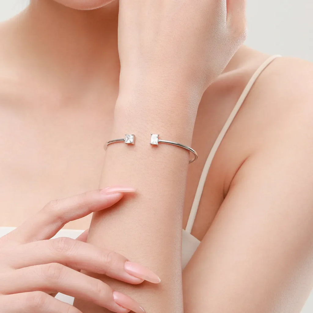 Ins Style Square Sterling Silver Plating Inlay Zircon 14K Gold Plated Rhodium Plated Cuff Bracelets