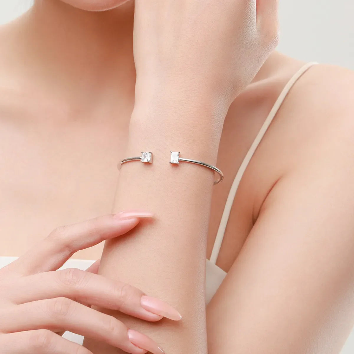 Ins Style Square Sterling Silver Plating Inlay Zircon 14K Gold Plated Rhodium Plated Cuff Bracelets