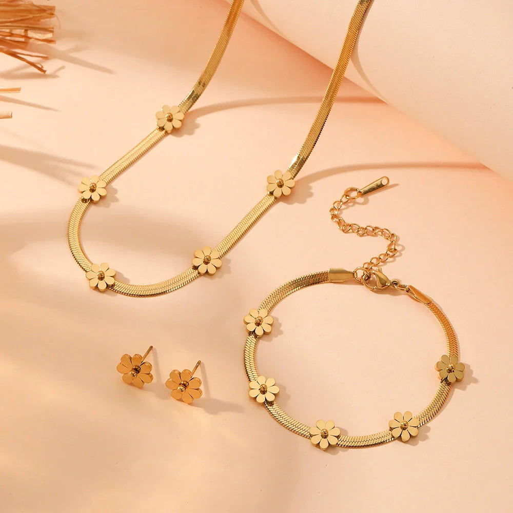 Jewelry Titanium Steel Chrysanthemum Love Water Drops Bell Pattern Necklace Earrings Bracelet Set for Women