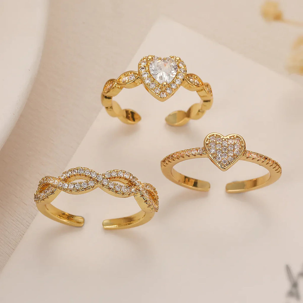 Simple Style Heart Shape Copper 18K Gold Plated Zircon Open Rings in Bulk