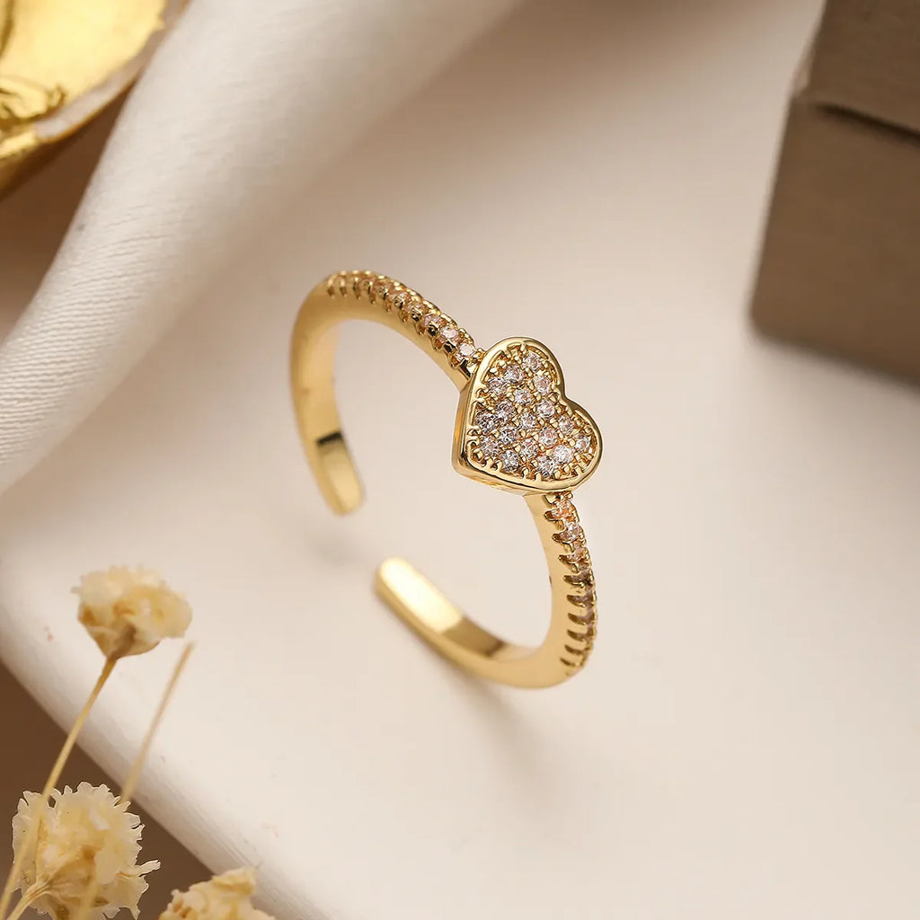 Simple Style Heart Shape Copper 18K Gold Plated Zircon Open Rings in Bulk