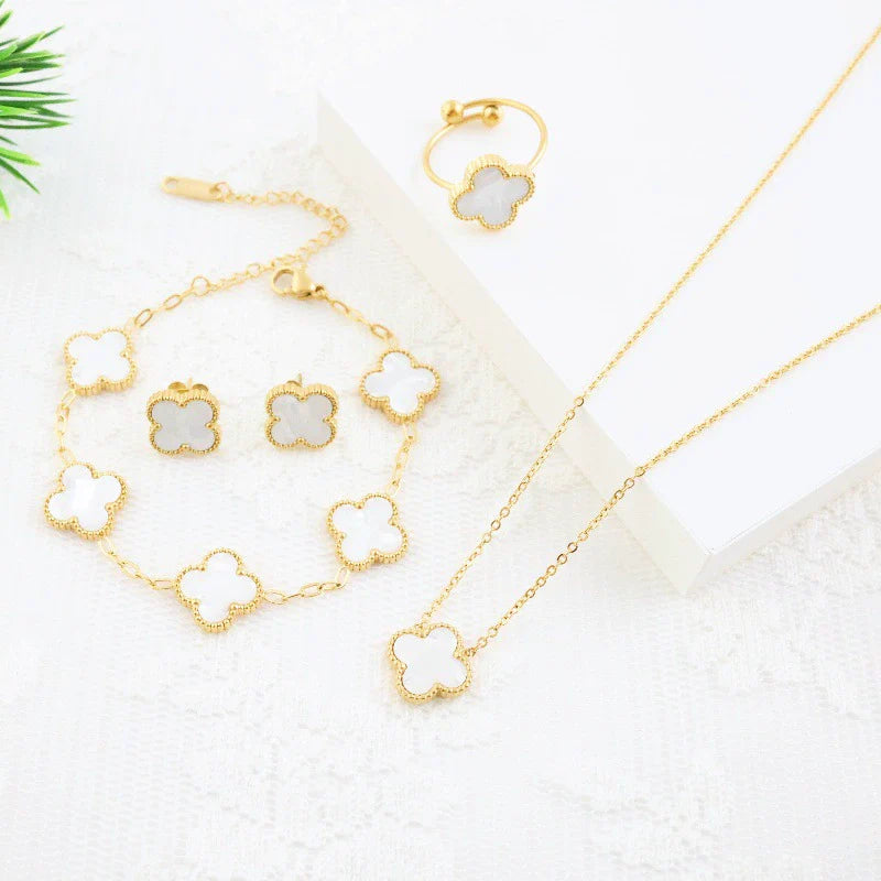 Titanium Steel Four Leaf Clover Elegant Jewelry Fourpiece Set for Girls with Electroplating