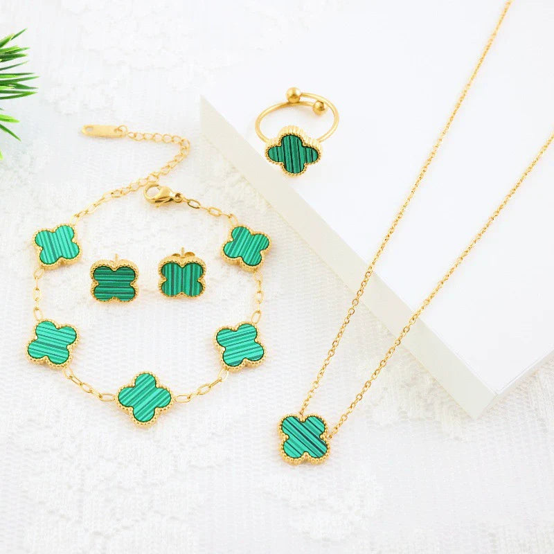 Titanium Steel Four Leaf Clover Elegant Jewelry Fourpiece Set for Girls with Electroplating