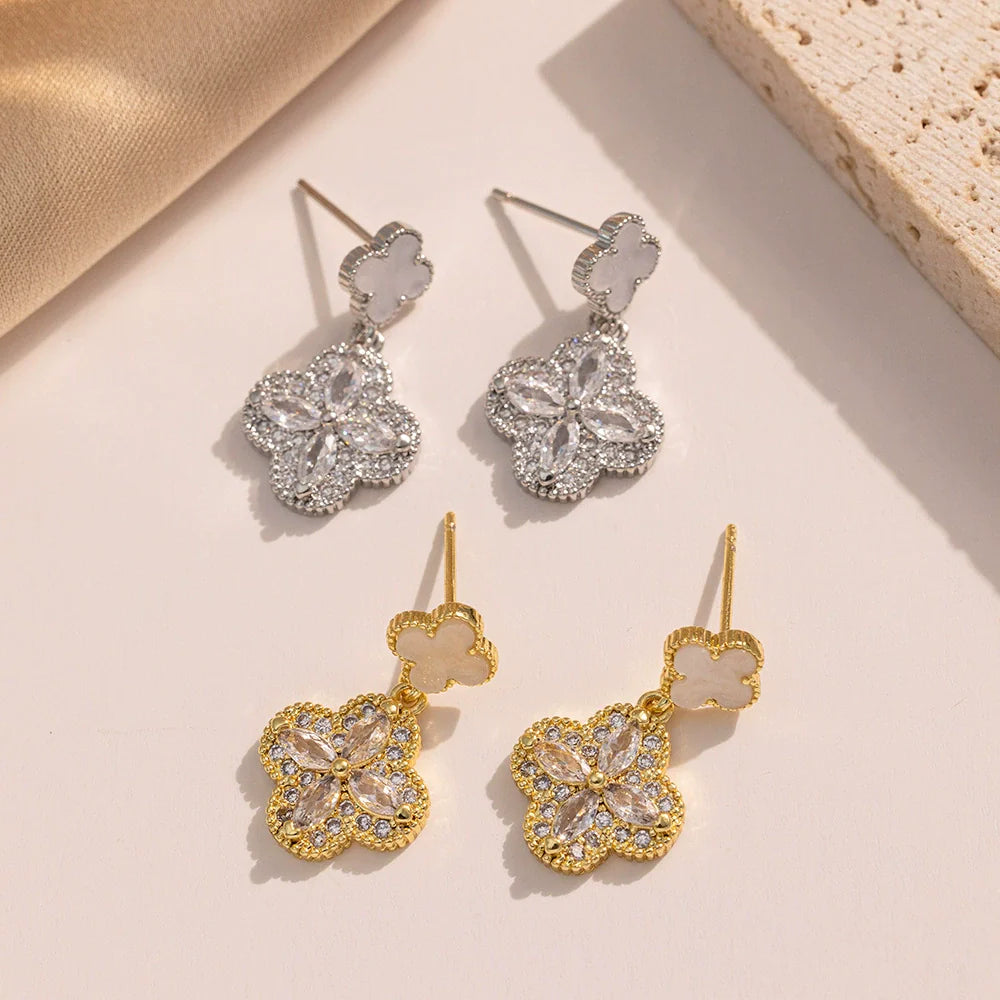 Golden Clover Crystal Drop Earrings