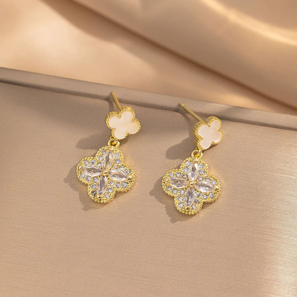Golden Clover Crystal Drop Earrings