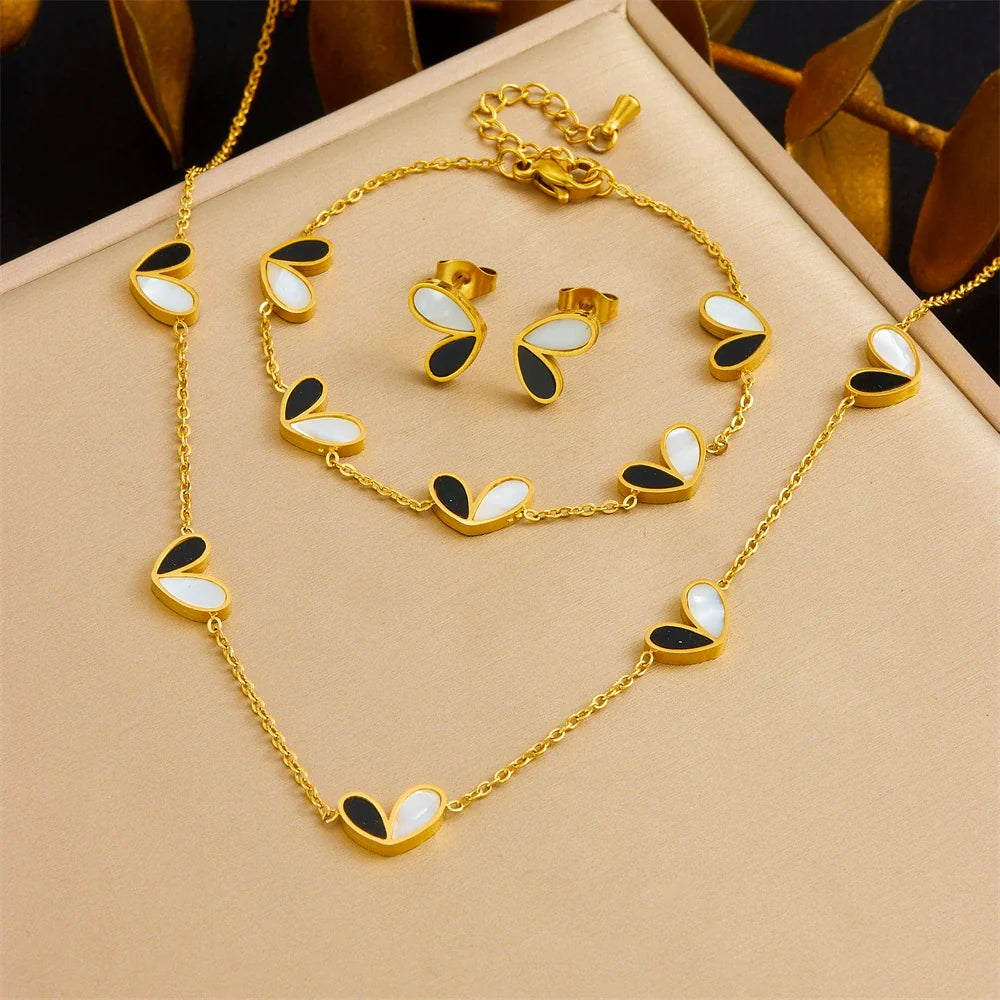 Wholesale Fashion Jewelry Stainless Steel Heart Pendant Earrings Necklaces and Bracelets Set with Love Water Drops Bells Pattern Electroplated