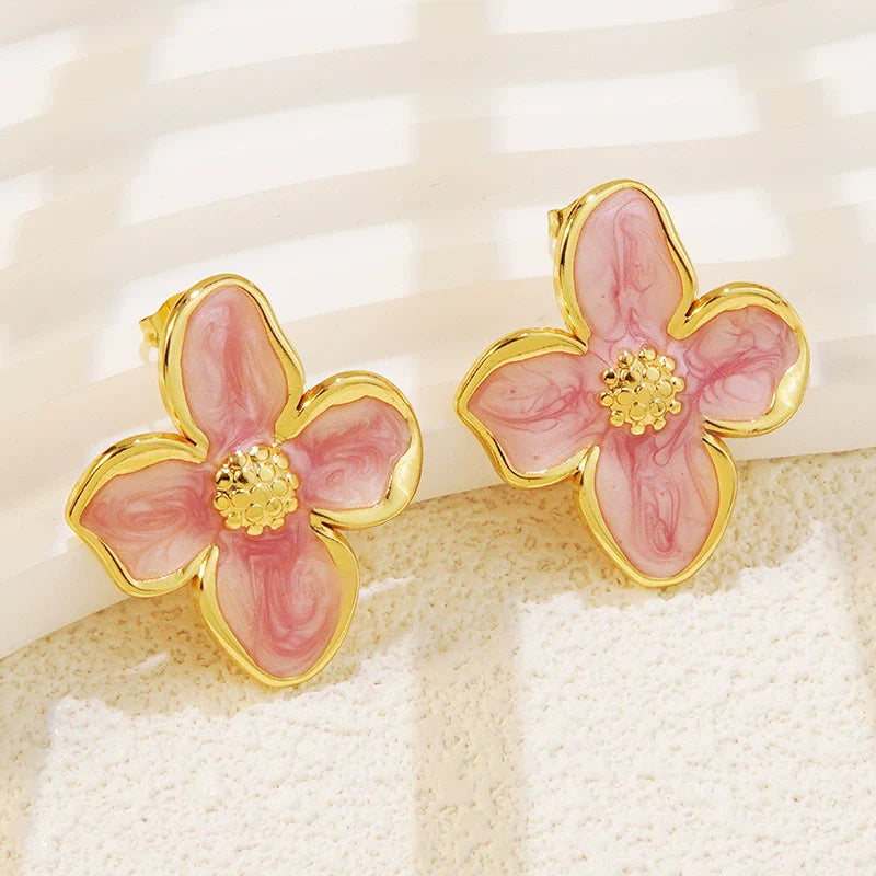 Wholesale French Retro Flower Drip Glaze Stainless Steel Earrings for Women with Oil Drip Colorful Flower Design and Electroplating