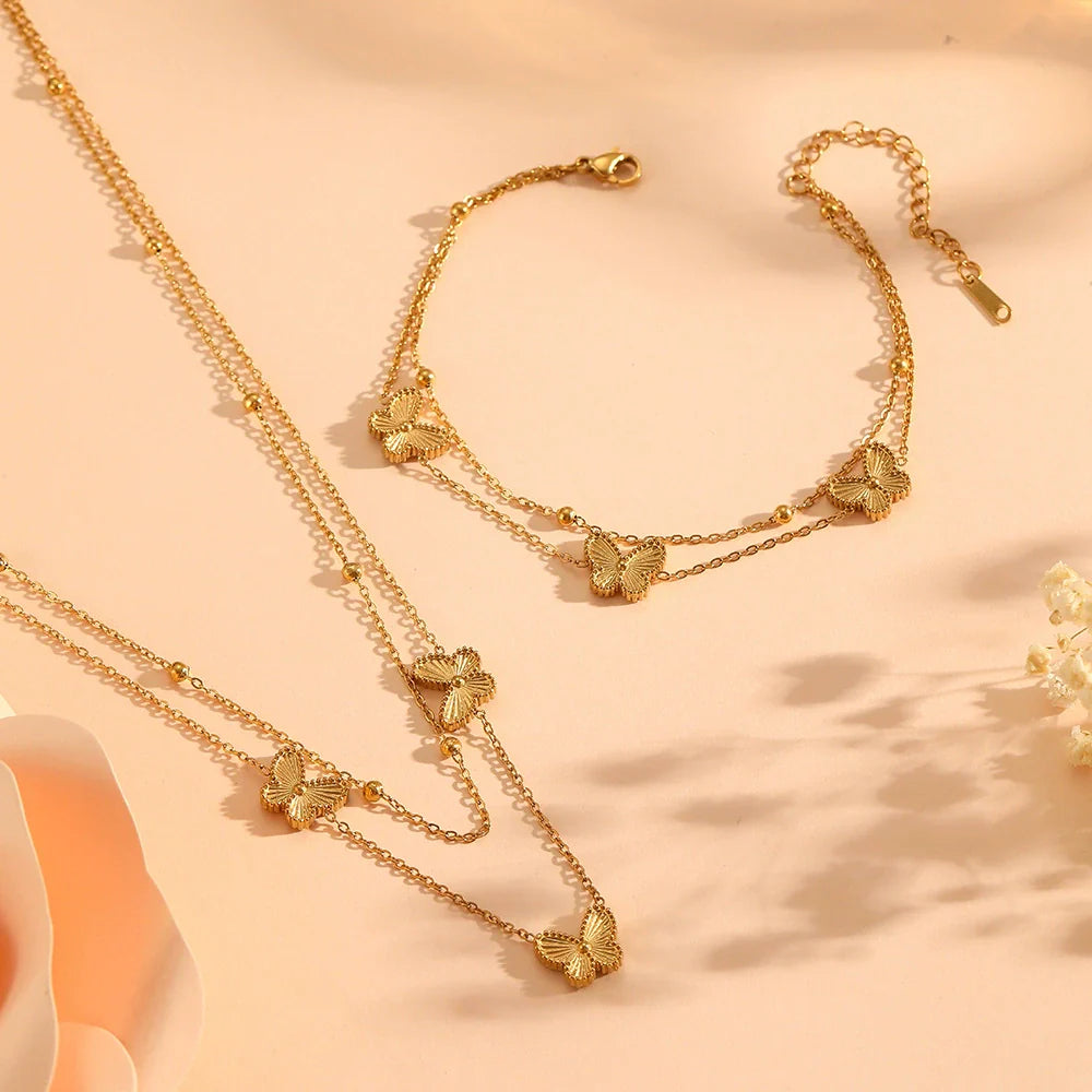 Wholesale Titanium Steel Bead Jewelry with Butterfly Bead Double Sided Engraved Pendant Set Heart Water Drop Bell Pattern for Women