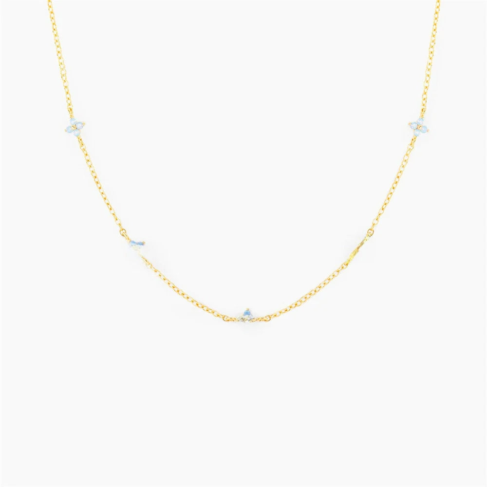 Women'S Sweet Style Blue Flower Brass Necklace with Zircon Treatment and Regular Chain