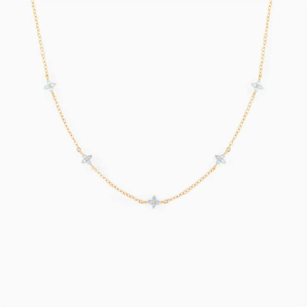 Women'S Sweet Style Blue Flower Brass Necklace with Zircon Treatment and Regular Chain